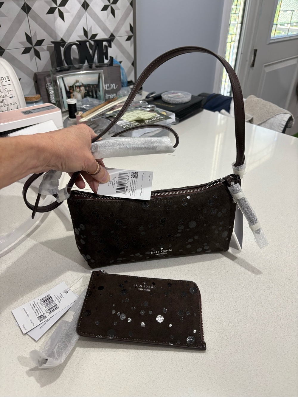 Kate Spade brown suede 2-pc sequin small shoulder bag with wristlet NWT